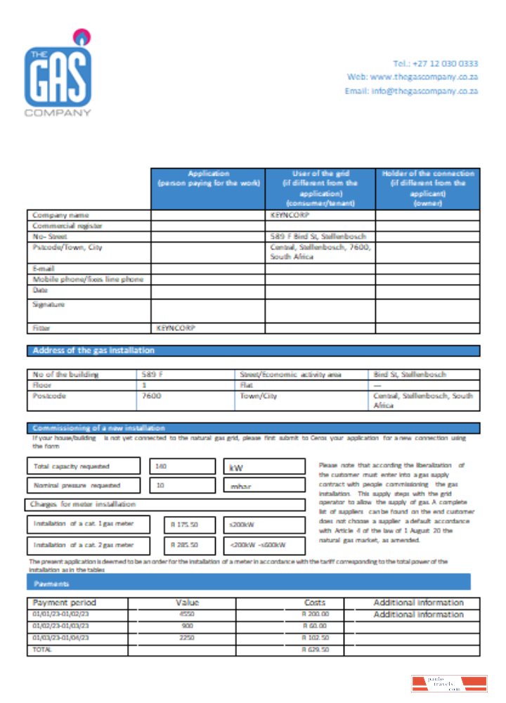 South Africa The GAS Company gas bill, SCR PSD template